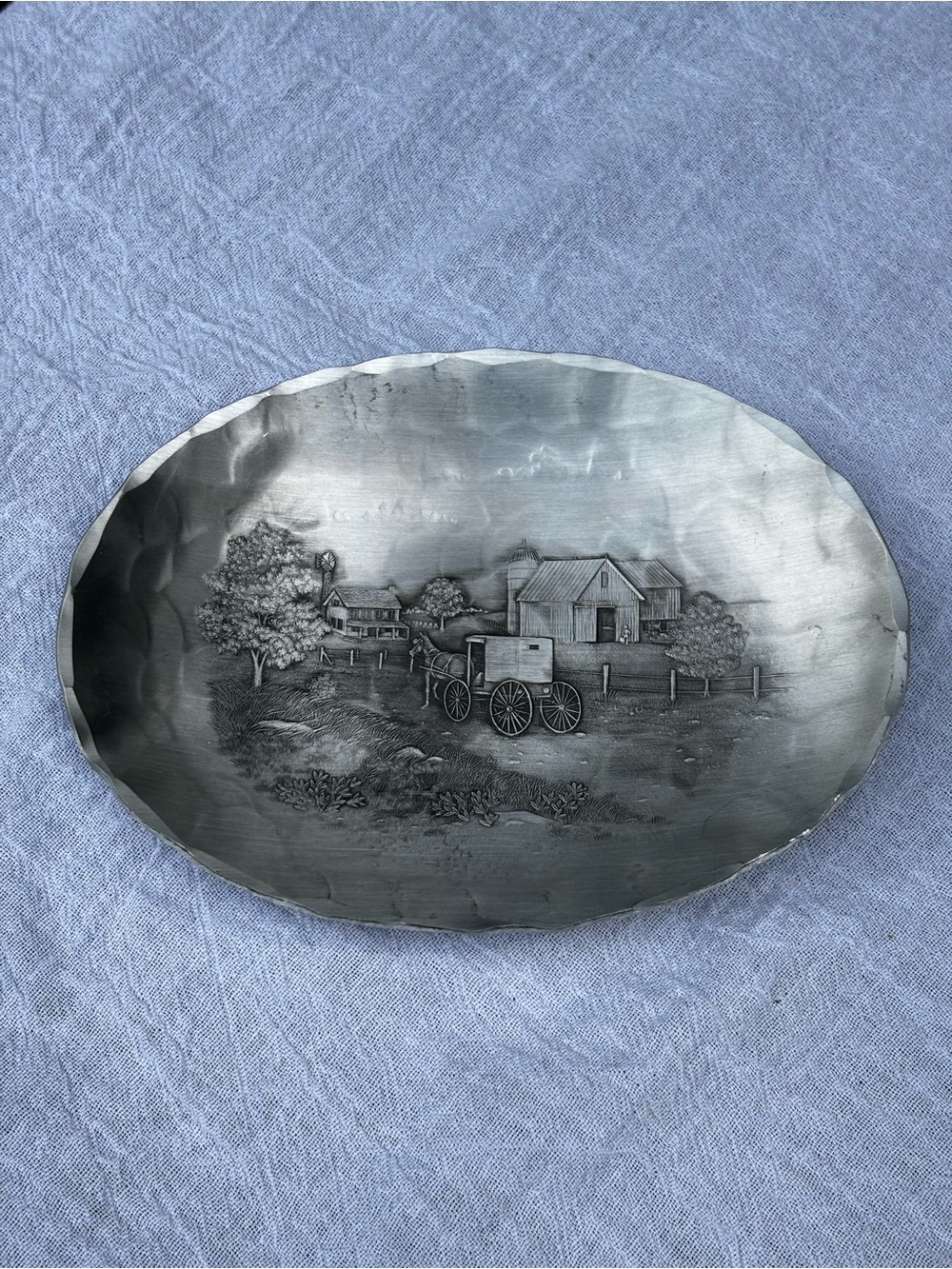 Wendell August Forge Handmade Amish Farm Scene Hammered Oval Plate